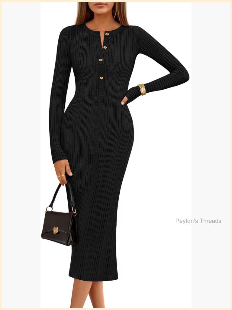Ribbed Knit Bodycon Midi Sweater Dress Long Sleeve Crew Neck Button